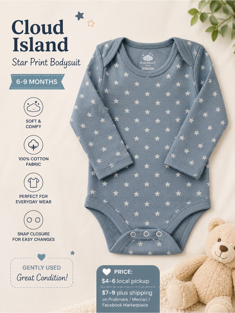 Cloud Island Star Print Long Sleeve Bodysuit | 6–9 Months | Grey
